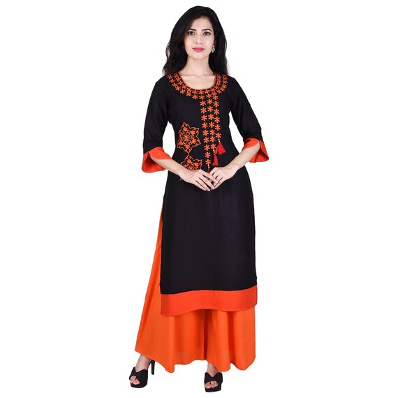India Women/'s Rayon Printed Kurta With Palazzo Set Round Neck Embroidered Kurta