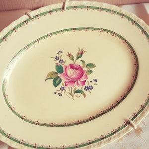 Myott Staffordshire England Oval  serving platter with pink flowers green gilt edging  hand painted vintage plate. gift  to the dinner table