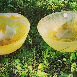 RENATE STOCK Yellow ART Glass set of 2 For Sea Glasbruk  Scandinavian 70s 80s Retro Studio Glass Textured Art Glass Bowl