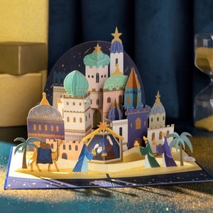Pop Up Karte Weihnachten „Bethlehem“ - 3D christliche Weihnachtskarte für Frau, Mann, Freund, Freundin, und Kinder - handgemachte Klappkarte