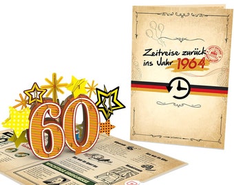 Pop Up Karte 60. Geburtstag "Zurück ins Jahr 1964" – lustige 3D Geburtstagskarte für Frau & Mann, Glückwunschkarte, Verpackung Geldgeschenk