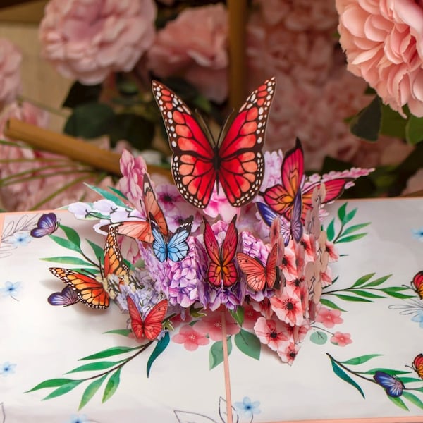 Tarjeta emergente Mariposas y flores - Tarjeta de cumpleaños 3D para esposa, madre y novia, Tarjeta de flores 3D para el Día de la Madre, Tarjeta de recuperación pronto