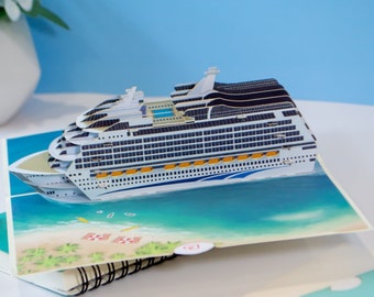 Carte pop-up bateau de croisière - cadeau en argent pour croisière, bon pour vacances en mer, carte d'anniversaire 3D avec bateau, plage et palmiers