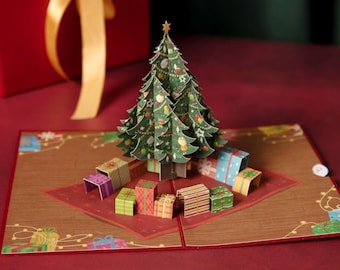 Pop-up kerstkaart met kerstboom - handgemaakte 3D kerstkaart met dennenboom en kleurrijke cadeaus voor kinderen en volwassenen