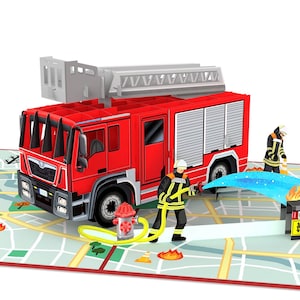 May include: A pop-up card featuring a red fire truck with a ladder, firefighters, and a fire hydrant. The card depicts a fire scene with flames and a firefighter spraying water. The background is a map.