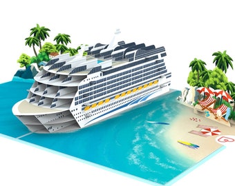 Carte pop-up bateau de croisière - cadeau en argent pour croisière, bon pour vacances à la mer, carte d'anniversaire 3D avec bateau, plage et palmiers