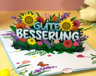 Carte Pop Up Get Well Soon - Carte 3D Get Well Soon avec fleurs et papillons pour femmes et enfants - Cadeau pour remonter le moral à l'hôpital
