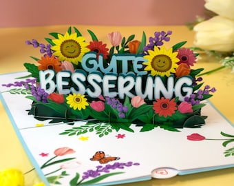 Pop Up Karte Gute Besserung - 3D Genesungskarte mit Blumen und Schmetterlingen für Frau & Kinder - Geschenk zur Aufmunterung im Krankenhaus