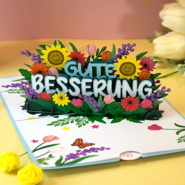 Pop Up Karte Gute Besserung - 3D Genesungskarte mit Blumen und Schmetterlingen für Frau & Kinder - Geschenk zur Aufmunterung im Krankenhaus