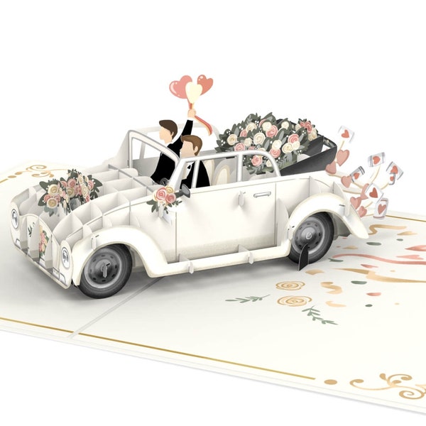 Pop Up Karte Schwule Hochzeit mit Hochzeitsauto "Just Married" - 3D Hochzeitskarte Mr & Mr, Glückwunschkarte und Geldgeschenk für 2 Männer