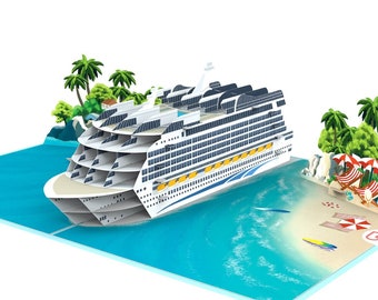 Carte pop-up bateau de croisière - cadeau en argent pour croisière, bon pour vacances à la mer, carte d'anniversaire 3D avec bateau, plage et palmiers