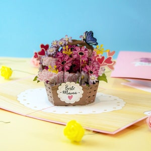 Pop Up Karte Beste Mama Blumenkorb - 3D Geburtstagskarte mit Blumen für Frau, 3D Blumenkarte zum Muttertag, Danke Mama für die beste Mutter