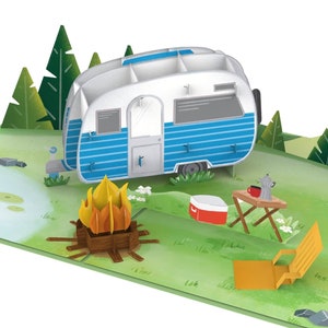 Pop up card camping holiday - 3D birthday card with caravan, greetings card and birthday present for campers, boyfriend and husband