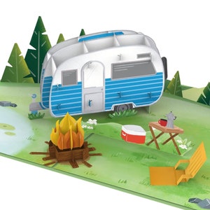 Pop Up Karte Camping Urlaub - 3D Geburtstagskarte mit Wohnwagen, Glückwunschkarte und Geldgeschenk zum Vatertag für Camper, Papa & Ehemann