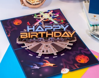 Tarjeta de cumpleaños galáctica desplegable - Tarjeta de cumpleaños espacial 3D para niños y niñas, tarjeta de cumpleaños infantil hecha a mano con temática espacial