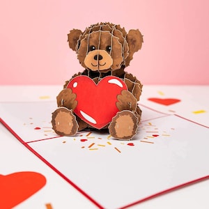 Carte Pop Up Teddy avec Coeur - Jolie Carte d'Anniversaire 3D pour Enfant, Femme, Petite Amie - Carte de Voeux pour Anniversaire de Mariage, Anniversaire ou Fête des Mères