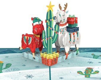 Pop Up Karte Weihnachten Weihnachtslamas - handgemachte 3D Weihnachtskarte mit lustigem Lama & Alpaka, Geldgeschenk für Kinder u. Erwachsene