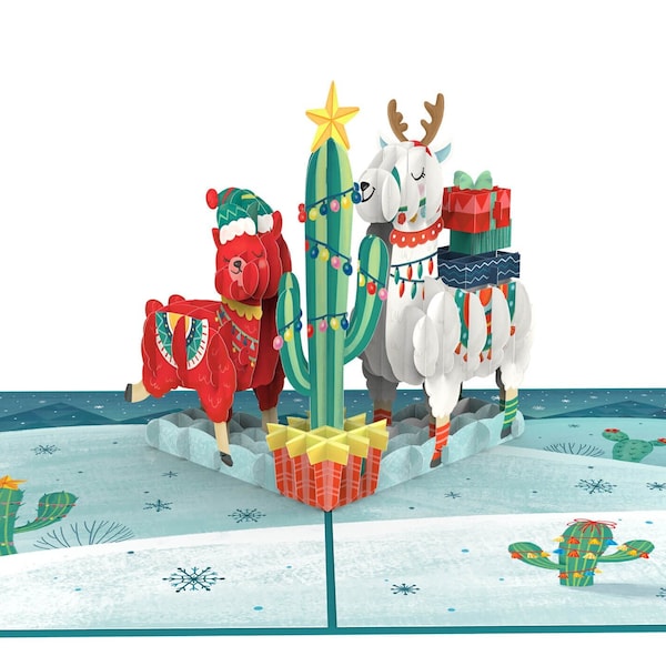 Pop Up Card Christmas Christmas Llamas - carte de Noël 3D faite à la main avec un lama et un alpaga amusants, cadeau monétaire pour enfants et adultes