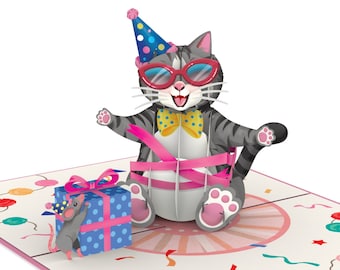 Pop Up Karte Katze mit Geschenk - lustige 3D Geburtstagskarte für Frau, Freundin & Mädchen - Geldgeschenk zum Geburtstag für Katzenliebhaber