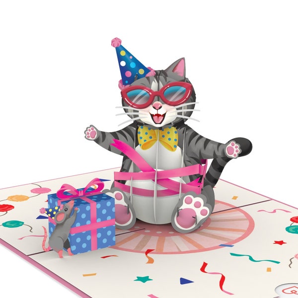 Pop Up Karte Katze mit Geschenk - lustige 3D Geburtstagskarte für Frau, Freundin & Mädchen - Geldgeschenk zum Geburtstag für Katzenliebhaber