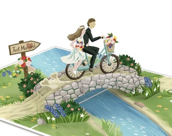 Pop up card bridal couple on bike - handmade 3D wedding card, special congratulations card for the wedding and gift of money for the registry office