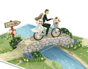 Pop Up Card Bride and Groom on Bicycle - Carte de mariage 3D faite à la main, carte de félicitations de mariage spéciale et cadeau en argent à l'état civil
