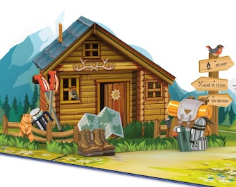 Pop-upkaart berghut - 3D-kaart als voucher voor wandelen en klimmen voor een verjaardag, verjaardagskaart voor wandelaars, vakantievoucher in de Alpen