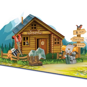 Carte pop-up Refuge - Carte 3D comme bon de randonnée et d'escalade pour un anniversaire, carte d'anniversaire pour randonneurs, chèque vacances dans les Alpes
