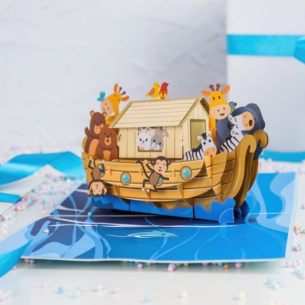 Pop Up Karte Taufe Arche Noah - Süße 3D Taufkarte für Mädchen und Jungen, Geburtstagskarte für Kinder, Glückwunschkarte zum Kindergeburtstag