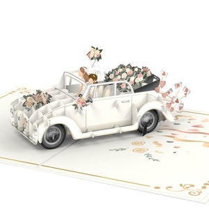 Pop-up kaart lesbische bruiloft met trouwauto "Just Married" - 3D-trouwkaart mevrouw & mevrouw, felicitatiekaart voor 2 vrouwen, geldcadeau