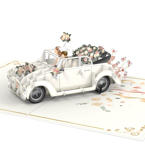 Pop Up Karte Lesbische Hochzeit mit Hochzeitsauto "Just Married" - 3D Hochzeitskarte Mrs & Mrs, Glückwunschkarte für 2 Frauen, Geldgeschenk