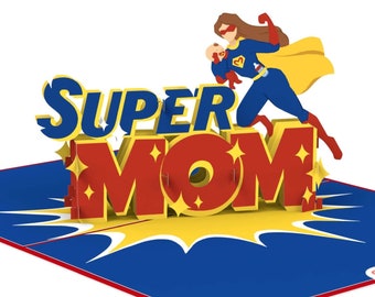 Pop Up Karte Super Mom - Lustige 3D Geburtstagskarte & Muttertagskarte für die beste Mama der Welt, Glückwunschkarte zu Muttertag und Geburt