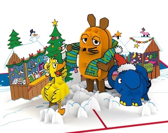Pop Up Karte Weihnachten Die Maus® auf dem Weihnachtsmarkt - 3D Weihnachtskarte für Kinder, Verpackung für Geldgeschenk für Mädchen & Jungen