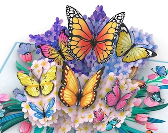 Pop Up Karte bunte Schmetterlinge und Blumen - 3D Geburtstagskarte für Frauen, 3D Blumenkarte zu Muttertag, Gute Besserung und Danke Karte