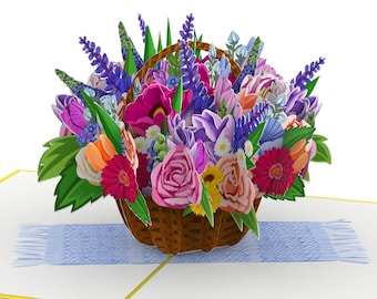 Carte pop-up panier de fleurs - Carte d'anniversaire 3D avec fleurs pour femme, mère et petite amie, carte de fête des mères, bouquet de cartes 3D, carte de rétablissement