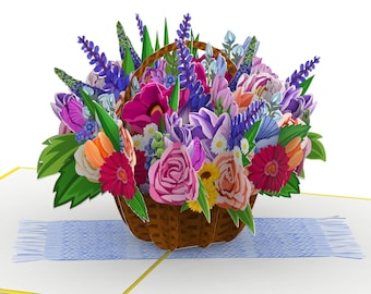 Panier de fleurs de carte pop-up - Carte d'anniversaire 3D avec des fleurs pour femme, mère et petite amie, carte de fête des mères, bouquet de cartes 3D, carte de rétablissement