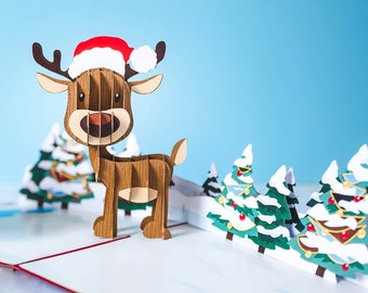 Pop Up Karte Weihnachten „Rentier“ - 3D Weihnachtskarte für Frau, Freundinnen oder Kinder (Mädchen und Jungen)