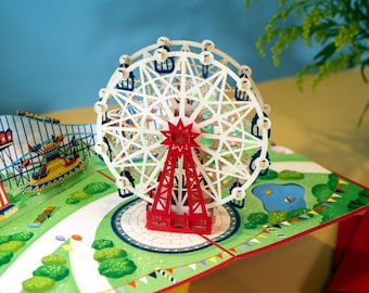 Carte Pop Up Grande Roue - Bon 3D pour Parc d'Attractions - Carte d'anniversaire pour Enfant, Femme, Homme - Cadeau et Cash pour Montagnes Russes