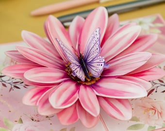 Pop Up Karte Blume mit Schmetterling - 3D Geburtstagskarte für Frau, Mutter & Freundin, 3D Blumenkarte zu Muttertag - Gute Besserung Karte