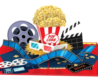 Pop Up Karte Kino Popcorn - 3D Kinogutschein, Geburtstagskarte für Kinder, Frau, Mann - Geschenk und Geldgeschenk für Kinobesuch & Filmabend