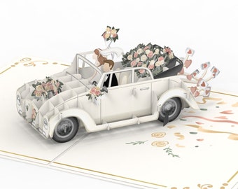 Biglietto pop-up per matrimonio con auto nuziale "Just Married" - Biglietto di nozze 3D, biglietto di congratulazioni fatto a mano e regalo in contanti per l'ufficio del registro