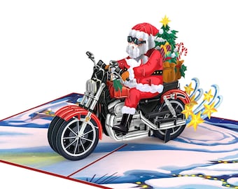 Carte de Noël Pop Up 3D « Père Noël sur une moto » - Carte de Noël amusante pour mari (petit ami, papa) ou enfants (filles et garçons)