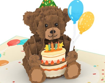 Carte Pop Up Teddy avec gâteau d'anniversaire - Carte d'anniversaire 3D avec ours pour enfants (garçons et filles), carte de vœux pour anniversaire d'enfant