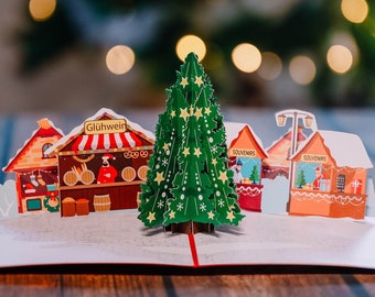 Pop Up Karte Weihnachten „Weihnachtsmarkt“ - Handgemachte 3D Weihnachtskarte mit Weihnachtsbaum für Kinder, Frauen und Männer