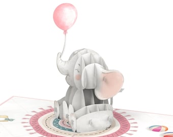 Cartão Pop-Up Bebê Elefante - Cartão de Nascimento 3D para Meninas, Cartão de Bebê, Cartão de Felicitações Feito à Mão para Nascimento, Cartão de Parabéns para Chá de Bebê