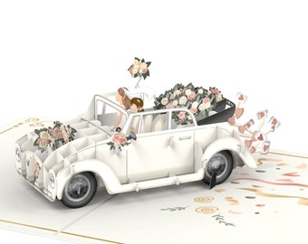 Pop-upkaart voor een lesbische bruiloft met trouwauto, "Just Married" - 3D-trouwkaart Mrs & Mrs, felicitatiekaart voor twee vrouwen, geldgeschenk