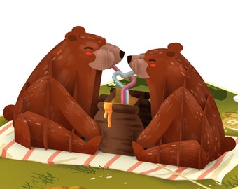 Pop Up Card Bear Picnic - 3D Birthday Card for Girlfriend, Love Card, I Love You Card, Voucher for Picnic for Valentine's Day