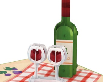 Pop Up Card Wine - 3D birthday card and congratulations card with wine bottle & wine glass, voucher and money gift for wine lovers