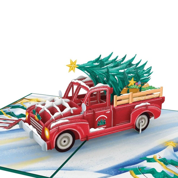 Pop Up Karte Weihnachten Weihnachtstruck - Handgemachte 3D Weihnachtskarte mit Auto, Geldgeschenk für Kinder (Junge & Mädchen), Freund, Mann