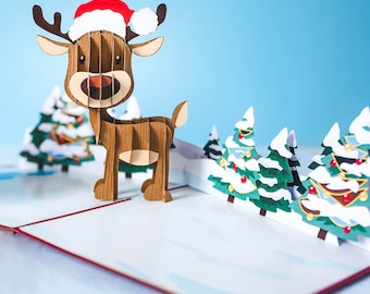 Carte de Noël Pop Up « Renne » - Carte de Noël 3D pour femme, copine ou enfants (filles et garçons)
